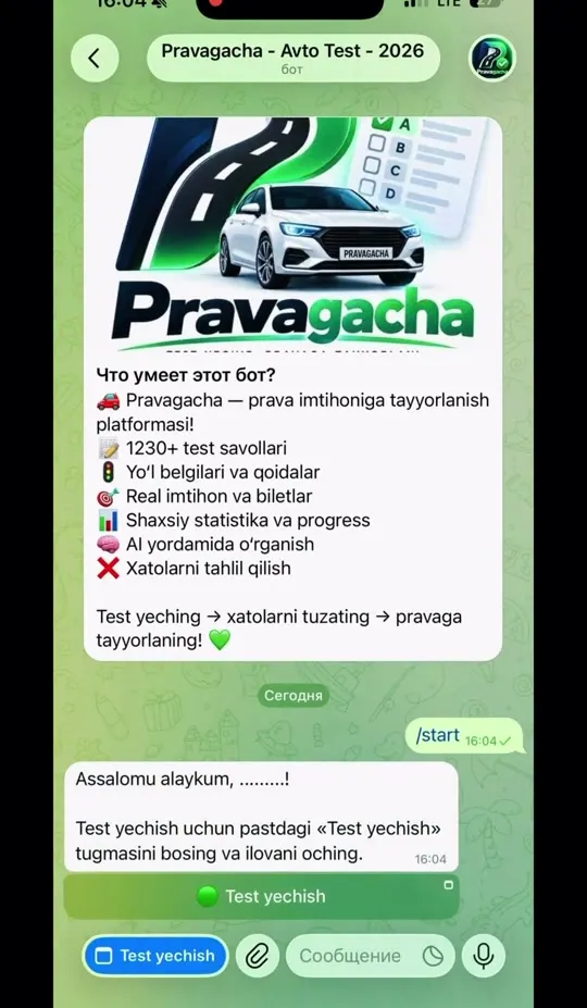 Telegram botdagi boshlang'ich xabar