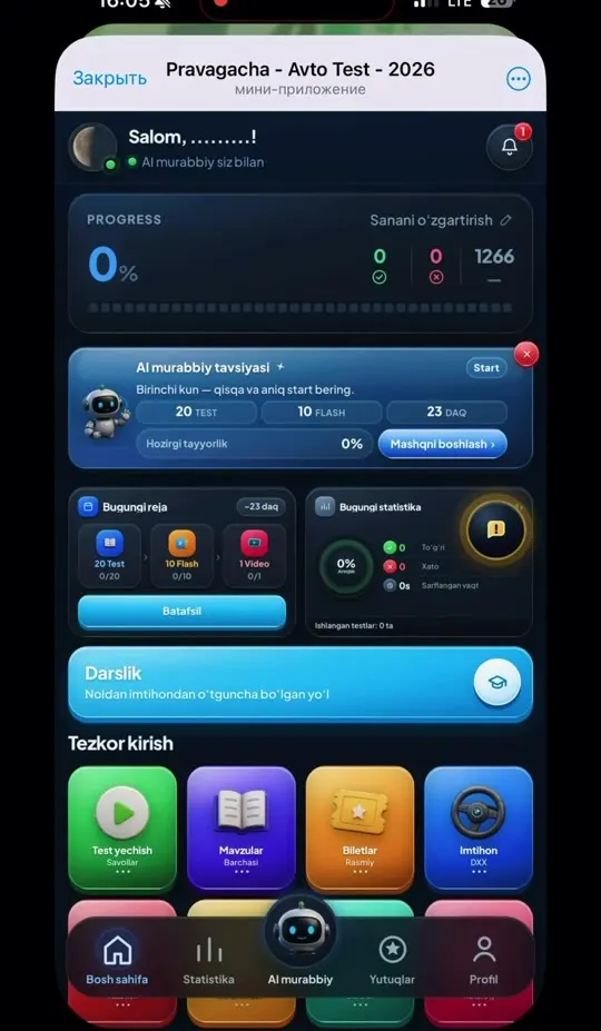 Pravagacha bosh sahifasi: progress, AI murabbiy, bugungi reja